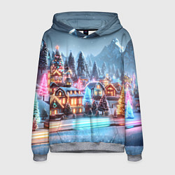 Толстовка-худи мужская Городок в новогодних огоньках, цвет: 3D-меланж