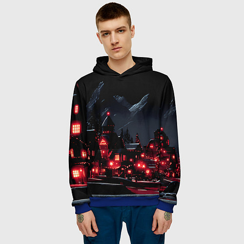 Мужская толстовка Новогодняя ночь и красные гирлянды / 3D-Синий – фото 3