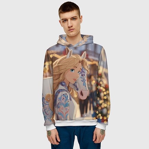 Мужская толстовка Блондинка с новогодней лошадкой / 3D-Белый – фото 3