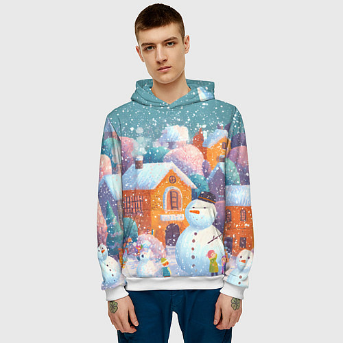 Мужская толстовка Дети во дворе лепят снеговика / 3D-Белый – фото 3