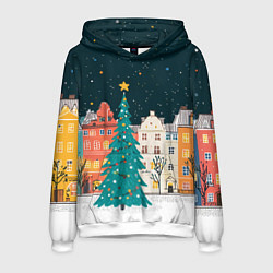 Толстовка-худи мужская Новогодняя ночь в городе, цвет: 3D-белый