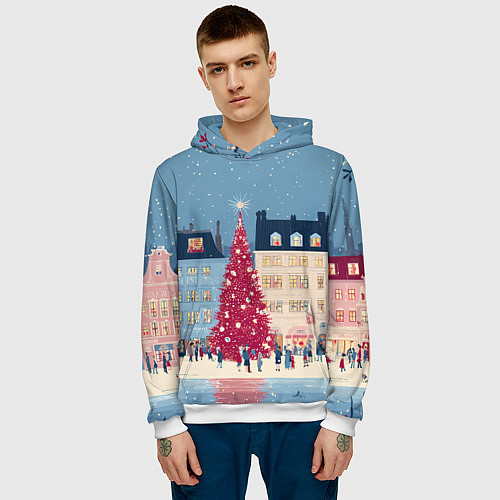 Мужская толстовка Новогоднее гуляние у красной елки / 3D-Белый – фото 3