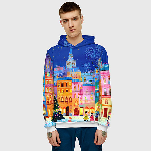 Мужская толстовка Разноцветные новогодние домики / 3D-Белый – фото 3