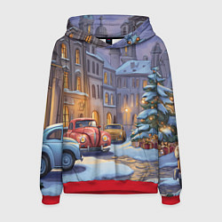 Толстовка-худи мужская Новогодний снежный двор, цвет: 3D-красный