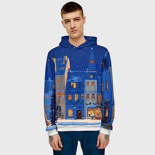 Мужская толстовка Синяя новогодняя елочка во дворе / 3D-Белый – фото 3