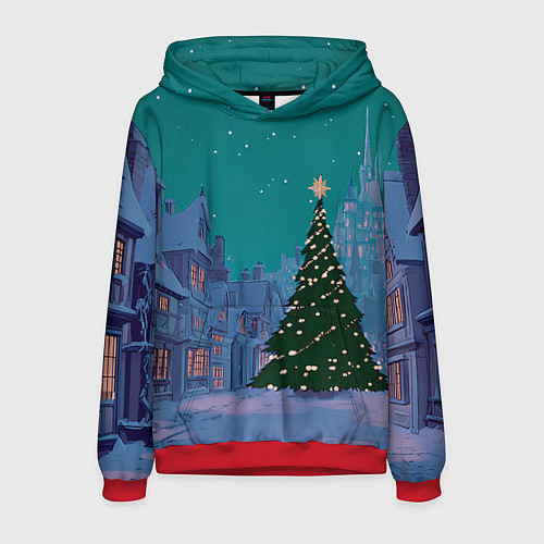 Мужская толстовка Зеленая новогодняя елка во вдоре / 3D-Красный – фото 1