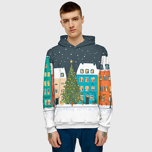 Мужская толстовка Новогодний снежный город / 3D-Белый – фото 3