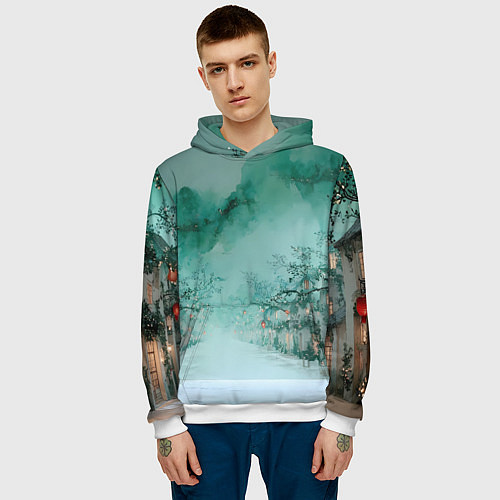 Мужская толстовка Новогодняя туманная улица / 3D-Белый – фото 3