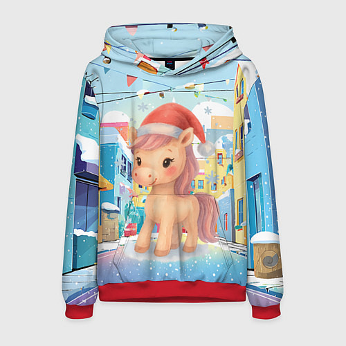 Мужская толстовка Лошадка с новогоднем венком / 3D-Красный – фото 1