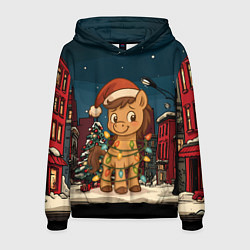 Толстовка-худи мужская Лошадка в новогодней гирлянде, цвет: 3D-черный