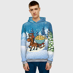 Толстовка-худи мужская Лошадка везет на санках тазик оливье, цвет: 3D-меланж — фото 2