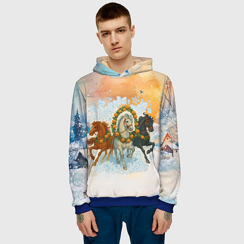 Мужская толстовка Новогодняя тройка лошадей с мандаринами / 3D-Синий – фото 3