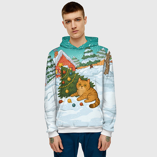 Мужская толстовка Толстый кот уронил елку / 3D-Белый – фото 3