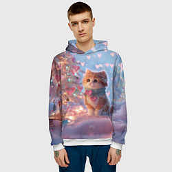 Толстовка-худи мужская Маленький котенок у сияющей елочки, цвет: 3D-белый — фото 2