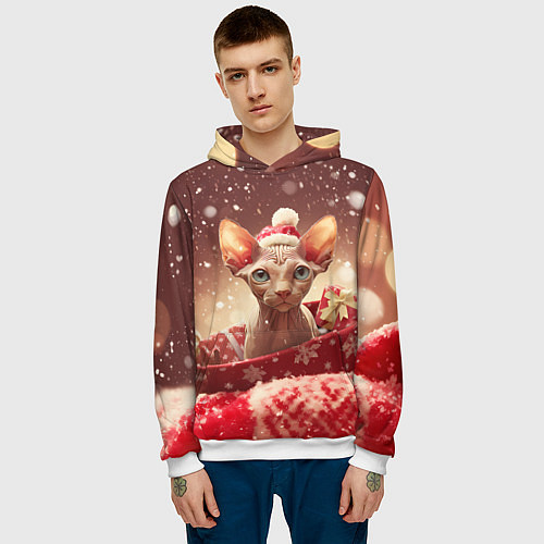 Мужская толстовка Сфинкс новогодняя кошка / 3D-Белый – фото 3