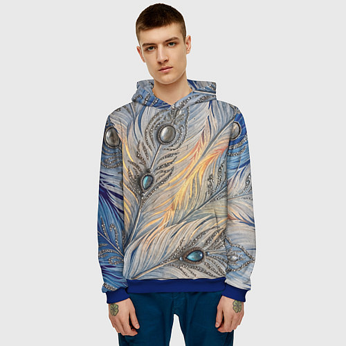 Мужская толстовка Синие перья с самоцветами / 3D-Синий – фото 3