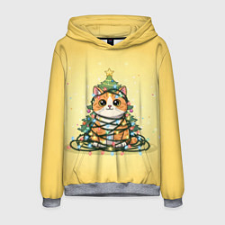 Толстовка-худи мужская Новогодний котик в гирлянде, цвет: 3D-меланж