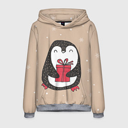 Толстовка-худи мужская Пингвин с подарком, цвет: 3D-меланж