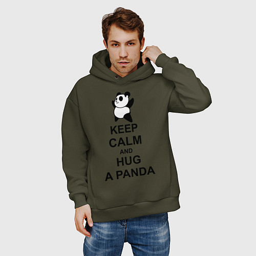 Мужское худи оверсайз Keep Calm & Hug A Panda / Хаки – фото 3