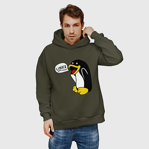 Мужское худи оверсайз Пингвин: Linux / Хаки – фото 3