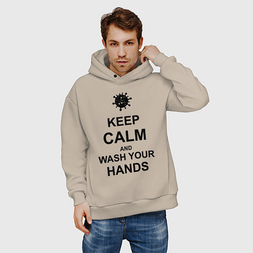 Мужское худи оверсайз Keep Calm & Wash Hands / Миндальный – фото 3