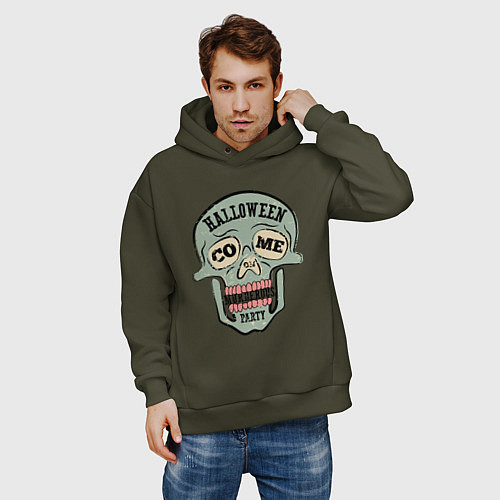 Мужское худи оверсайз Halloween Skull Retro / Хаки – фото 3