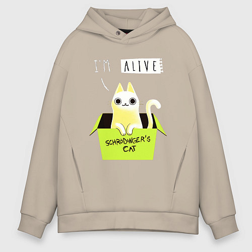 Мужское худи оверсайз Кот спереди жив, а сзади / Миндальный – фото 1