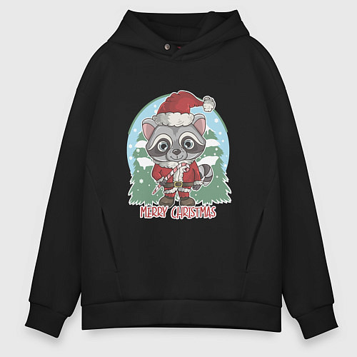 Мужское худи оверсайз Новогодний енот / Черный – фото 1