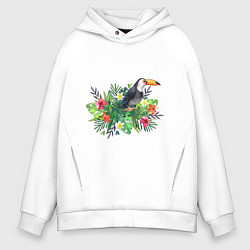 Толстовка оверсайз мужская Попугай ара в цветах, цвет: белый