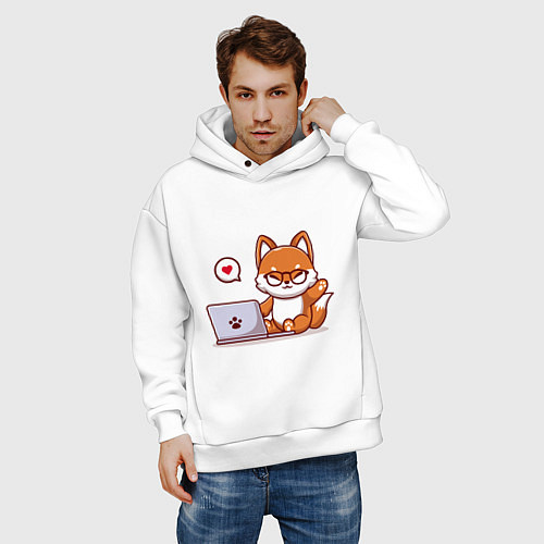 Мужское худи оверсайз Cute fox and laptop / Белый – фото 3