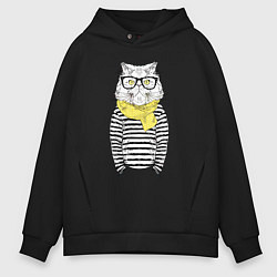 Толстовка оверсайз мужская Hipster Cat, цвет: черный