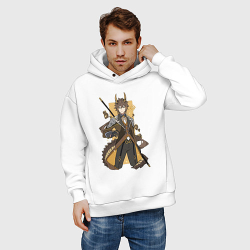 Мужское худи оверсайз Чжун Ли в деле / Белый – фото 3