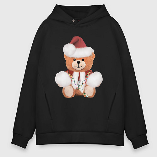 Мужское худи оверсайз Новогодний медвежонок / Черный – фото 1