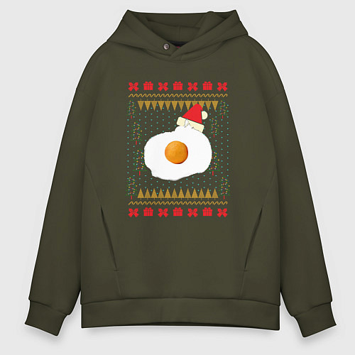 Мужское худи оверсайз Рождественский свитер Кот-яичница / Хаки – фото 1