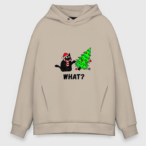 Мужское худи оверсайз Кот роняет елку / Миндальный – фото 1