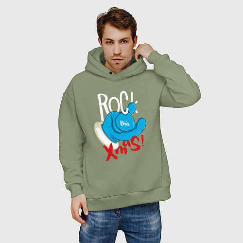 Мужское худи оверсайз Blue mittens Rock this xmas / Авокадо – фото 3