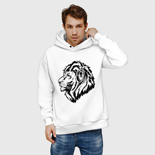 Мужское худи оверсайз Лев в наушниках / Белый – фото 3