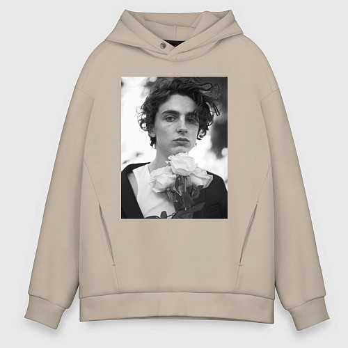 Мужское худи оверсайз Timothee Chalamet с розами / Миндальный – фото 1