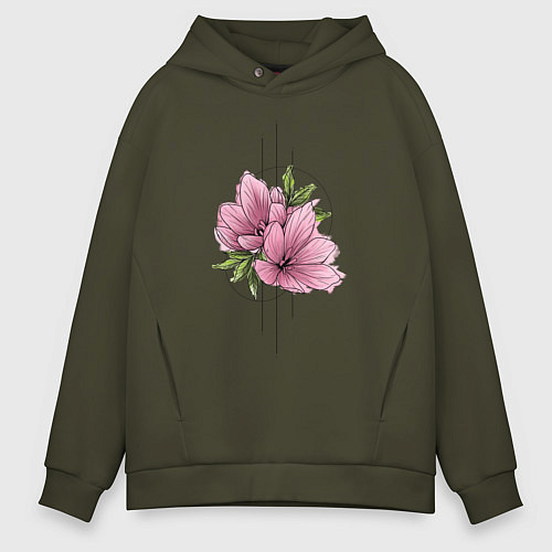 Мужское худи оверсайз Акварельный розовой цветок / Хаки – фото 1