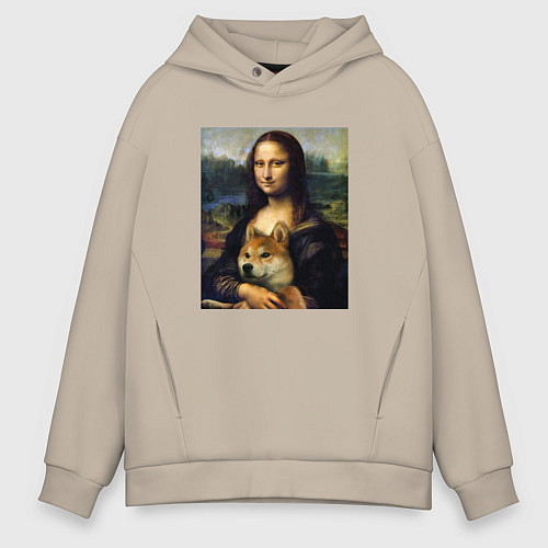 Мужское худи оверсайз Shiba Inu Mona Lisa / Миндальный – фото 1
