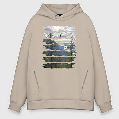 Мужское худи оверсайз Горы, небо и птицы / Миндальный – фото 1