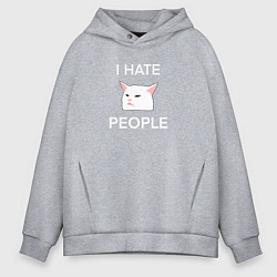 Толстовка оверсайз мужская I hate people, текст с белым мемным котом, цвет: меланж