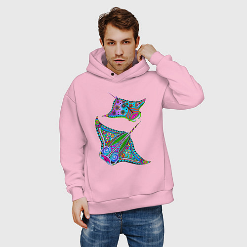 Мужское худи оверсайз Скаты с психоделической раскраской / Светло-розовый – фото 3