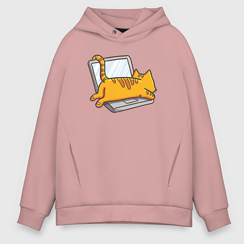 Мужское худи оверсайз Котик лежит на ноутбуке / Пыльно-розовый – фото 1