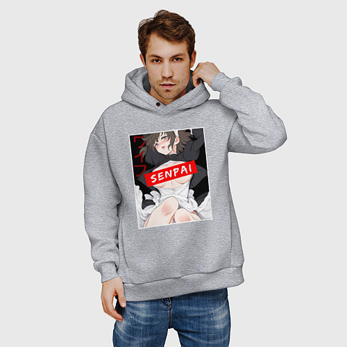 Мужское худи оверсайз Девушка и надпись Senpai Ahegao / Меланж – фото 3