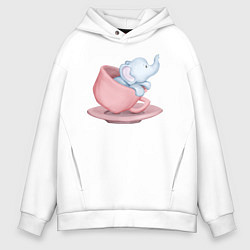 Толстовка оверсайз мужская Милый Слонёнок Внутри Чашки, цвет: белый