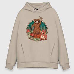 Толстовка оверсайз мужская Винтажный енот на отдыхе Camping Raccoon, цвет: миндальный