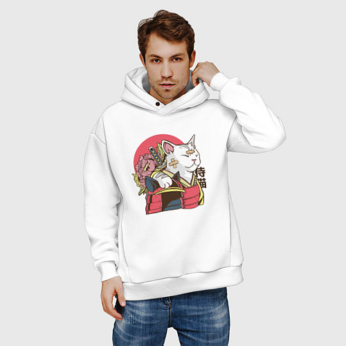 Мужское худи оверсайз Котик Самурай Samurai Cat Japanese art / Белый – фото 3