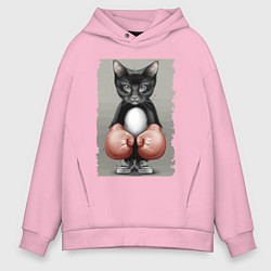 Толстовка оверсайз мужская Крутой котяра в боксёрских перчатках Cool cat in b, цвет: светло-розовый