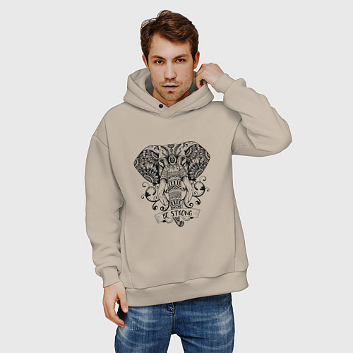 Мужское худи оверсайз Слон в стиле Мандала Mandala Elephant Be Strong / Миндальный – фото 3